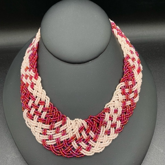 Rare Vintage Wide Collar Beaded Necklace with Red and Pink Seed Beads - Picture 1 of 12
